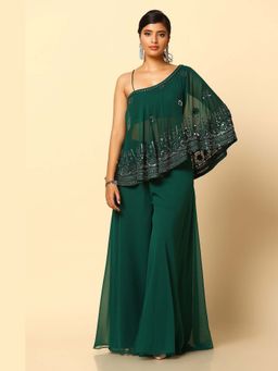 Meenagurnam - Bottle Green Fusion with Silver Mirror Work Sharara and Top