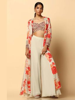 Meenagurnam - Multi Coloured Printed Blouse with Sharara and Cape