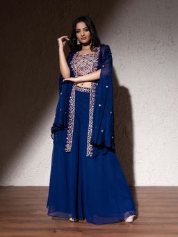 Meenagurnam - Electric Blue Georgette Blouse with Sharara and Dupatta