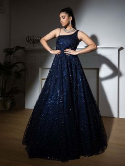 Meenagurnam - Midnight Blue Net Sequins Embellished Gown