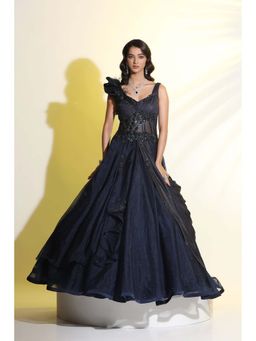 Meenagurnam - Draped Navy Blue Embellished Ball Gown