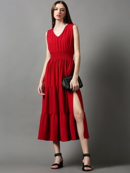 SHOWOFF - Womens V-neck Solid Maroon Midi Dress