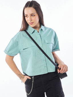 Bewakoof - Women's Pale Sky Blue Oversized Crop Shirt