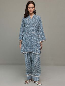 Libas - Blue Floral Mandarin Neck Kurti & Salwar