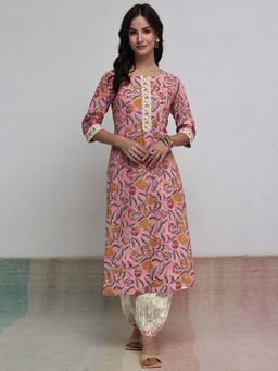 Libas - Pink Floral Round Neck Kurta & Salwar