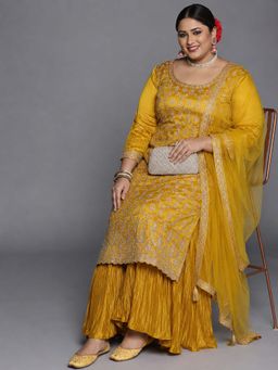 Extra love by Libas - Mustard Embroidered Round Neck Kurta Sharara with Dupatta