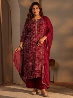 Extra love by Libas - Maroon Printed Round Neck Kurta Pant with Dupatta