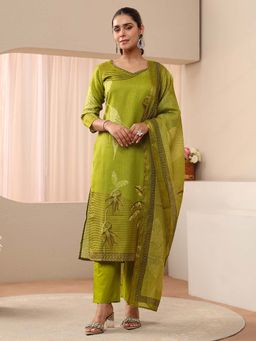 Libas - Olive Floral Sweetheart Kurta Pant with Dupatta