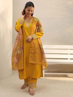Libas - Mustard Embroidered V-Neck Kurta Pant with Dupatta