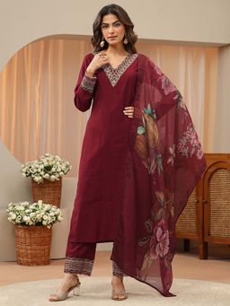Libas - Red Embroidered V-Neck Kurta Pant with Dupatta