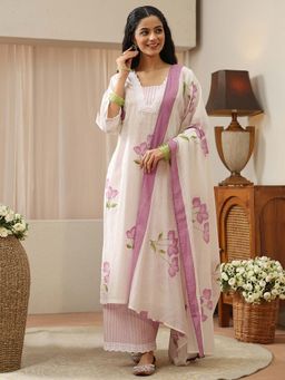 Libas - White Floral V-Neck Kurta Palazzo with Dupatta