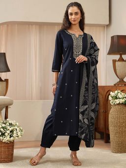 Libas - Navy Blue Embroidered Round Neck Kurta Salwar with Dupatta