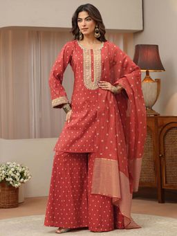 Libas - Rust Embroidered Round Neck Kurti Palazzo with Dupatta