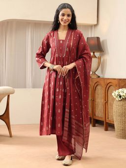Libas - Maroon Embroidered V-Neck Kurta Pant with Dupatta