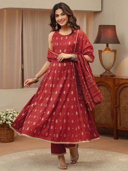 Libas - Rust Embroidered Round Neck Kurta Pant with Dupatta