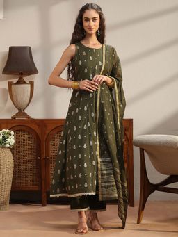 Libas - Olive Embroidered Round Neck Kurta Pant with Dupatta