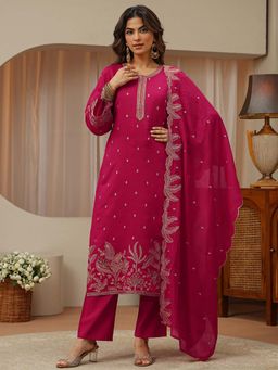 Libas - Pink Embroidered Round Neck Kurta Pant with Dupatta