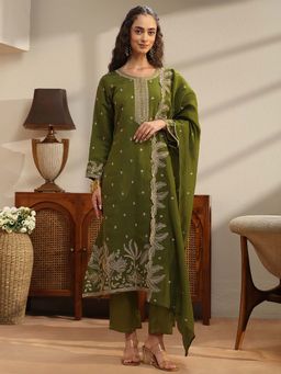 Libas - Olive Embroidered Round Neck Kurta Pant with Dupatta