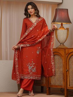 Libas - Orange Embroidered V-Neck Kurta Pant with Dupatta