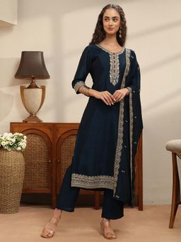 Libas - Navy Blue Embroidered Round Neck Kurta Pant with Dupatta