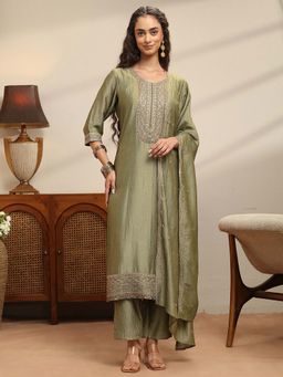 Libas - Green Embroidered Round Neck Kurta Pant with Dupatta