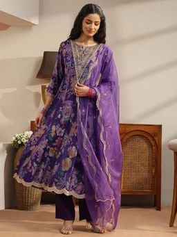 Libas - Purple Embroidered Round Neck Kurta Pant with Dupatta