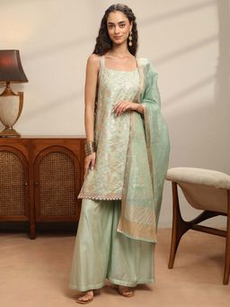 Libas - Green Embroidered Shoulder Straps Kurta Palazzo with Dupatta