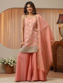 Libas - Peach Embroidered Shoulder Straps Kurta Palazzo with Dupatta