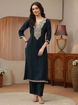 Libas - Teal Embroidered Round Neck Kurta & Pant