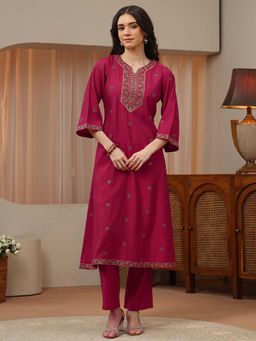 Libas - Pink Embroidered Round Neck Kurta & Pant