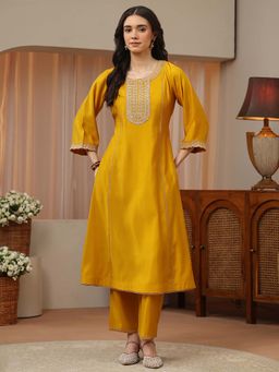 Libas - Mustard Embroidered Round Neck Kurta & Pant