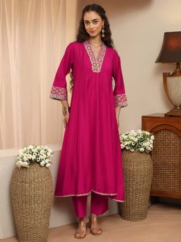 Libas - Pink Embroidered V-Neck Kurta & Pant