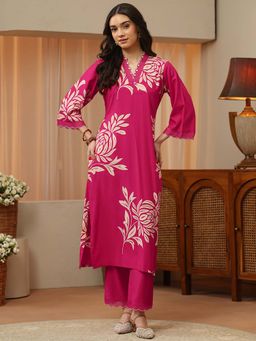 Libas - Pink Floral V-Neck Kurta & Pant