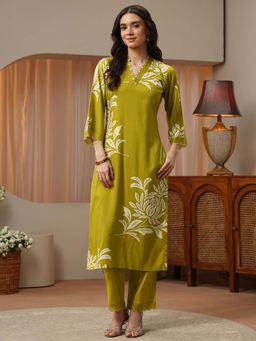 Libas - Olive Floral V-Neck Kurta & Pant