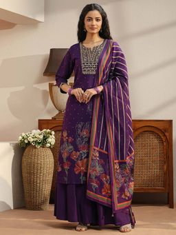 Libas - Purple Floral Round Neck Kurta Palazzo with Dupatta