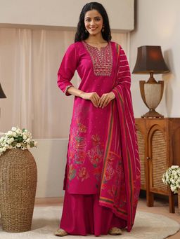 Libas - Pink Floral Round Neck Kurta Palazzo with Dupatta
