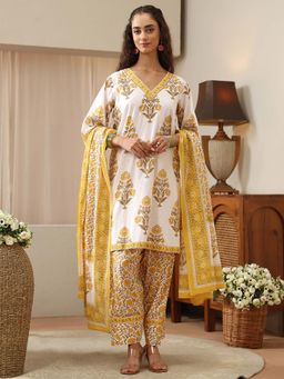 Libas - White Floral V-Neck Kurta Salwar with Dupatta