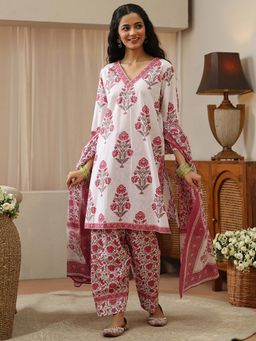 Libas - White Floral V-Neck Kurta Salwar with Dupatta