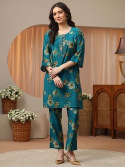 Libas - Teal Floral Round Neck Co-ord Set