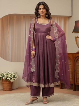 Libas - Burgundy Solid/Plain Round Neck Kurta Pant with Dupatta