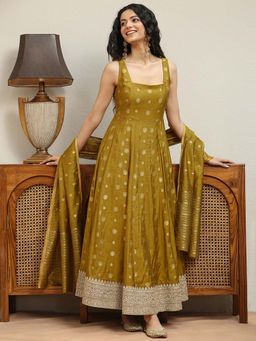 Libas - Olive Embroidered Square Neck Anarkali Kurta Pant with Dupatta