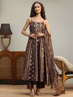 Libas - Brown Embroidered Shoulder Straps Anarkali Kurta Pant with Dupatta
