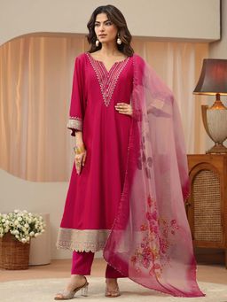 Libas - Pink Embroidered Round Neck Anarkali Kurta Pant with Dupatta