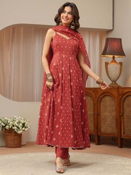 Libas - Rust Embroidered Shoulder Straps Anarkali Kurta Pant with Dupatta