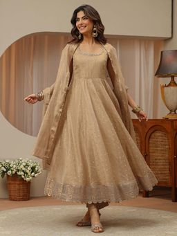 Libas - Beige Embroidered Round Neck Anarkali Kurta Pant with Dupatta