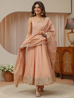 Libas - Peach Embroidered Round Neck Anarkali Kurta Pant with Dupatta