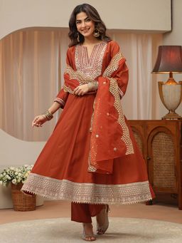 Libas - Rust Embroidered Round Neck Anarkali Kurta Pant with Dupatta