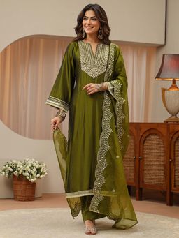 Libas - Olive Embroidered Round Neck Anarkali Kurta Palazzo with Dupatta