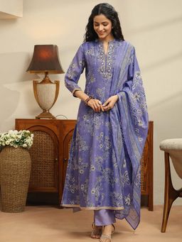 Libas - Purple Floral Mandarin Neck Anarkali Kurta Pant with Dupatta