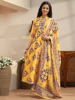 Libas - Yellow Floral Mandarin Neck Anarkali Kurta Pant with Dupatta